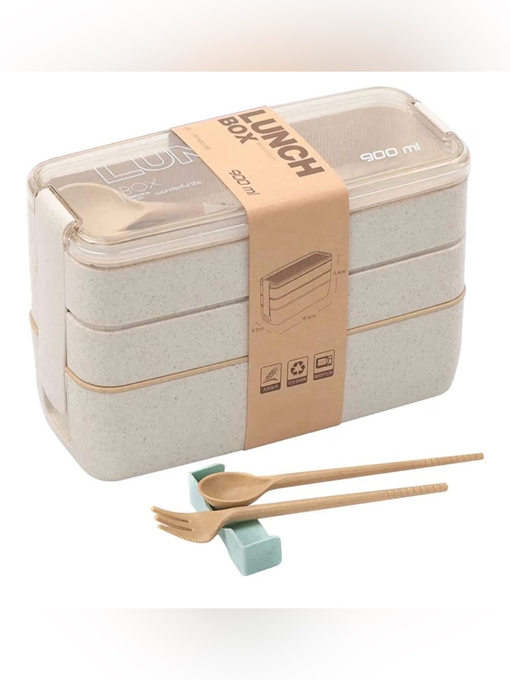 Stackable Beige Eco Lunch Box with Utensils